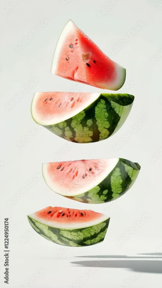 Aufkleber Four slices of a ripe watermelon with red pulp and black seeds are levitating on a white background, creating a visually appealing summer scene