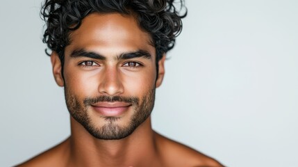 Fototapeta premium Handsome young man with curly hair and confident smile, great for fashion, grooming, and lifestyle branding