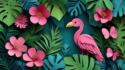 Fototapeta premium Pink flamingo amidst vibrant tropical paper flowers and leaves.
