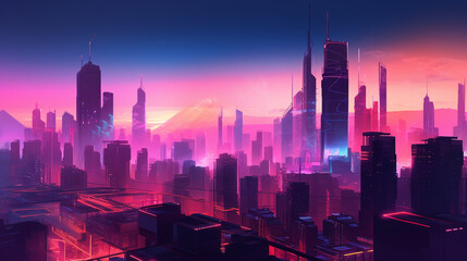 Fototapeta premium Futuristic Cityscape Neon Lights Pink Purple Skyline Urban Digital Art view night scene style modern