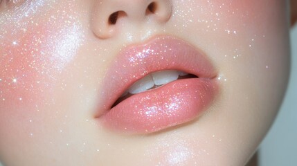 Extreme close-up of glossy lips with sparkling glitter, ideal for beauty, makeup, and cosmetics advertising