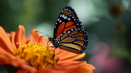 Obraz premium Beautiful Monarch Butterfly on Vibrant Orange Zinnia Flower in Nature Macro Wings Bloom Petal Insect