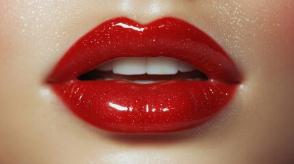 Extreme close-up of glossy red lips with glitter, perfect for beauty, fashion, and holiday cosmetics advertising