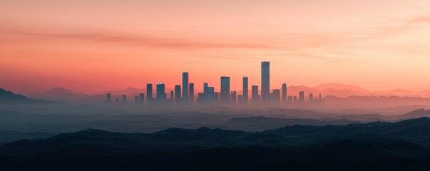 Fototapeta premium A serene skyline at sunset, featuring silhouetted skyscrapers against a colorful sky, with misty mountains in the foreground.