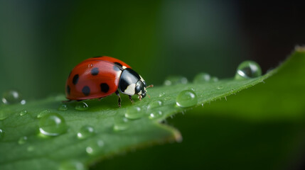Fototapeta premium Ladybug on Green Leaf Dew Drops Nature Macro Photography Insect red water black spots plant image 