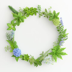 Obraz premium A circular frame made of green leaves, ferns,blue hydrangea flowers, isolated on a white background. Represents nature, spring, freshness. Suitable for invitations, greeting cards,decorative elements.