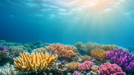 Fototapeta premium Vibrant coral reef under clear blue water illuminated by sunlight, showcasing diverse marine life and colorful coral formations.