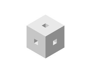 Isometric cube with square cutouts, minimalist design, perfect for technology, architecture, or abstract concepts.