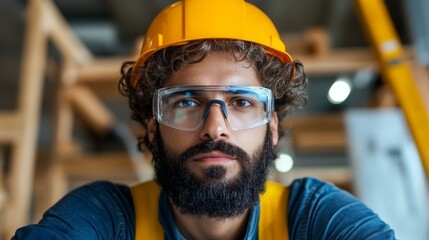 Construction worker with beard and safety helmet in a woodworking shop, symbolizing craftsmanship and industry standards