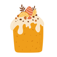 Easter cake decorated candied fruit and eggs. Sweet bakery vector illustration