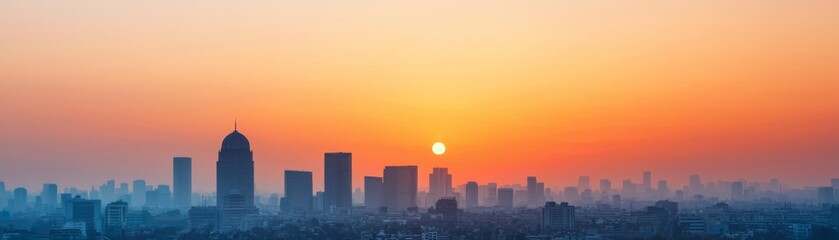 Fototapeta premium A stunning skyline at sunset, showcasing silhouetted buildings against a gradient of warm orange and cool blue hues.