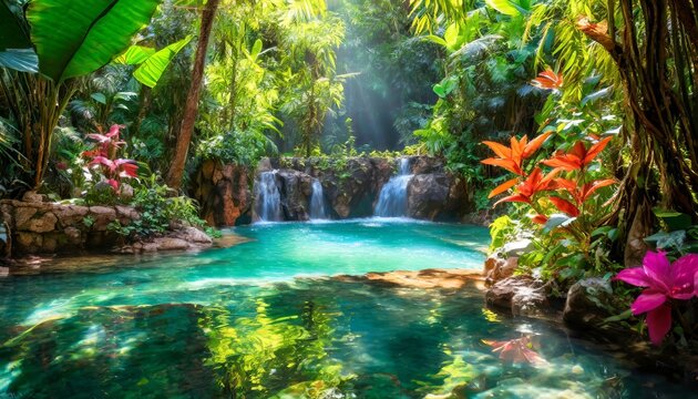 Sunbeams illuminating tranquil waterfall in lush tropical paradise