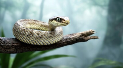 Fototapeta premium Coiled Snake in Misty Jungle