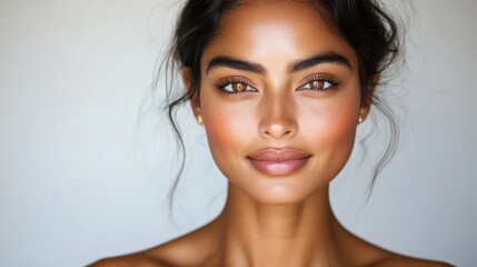 Naklejka premium Close-up portrait of an elegant Indian woman with glowing skin, brown eyes, and a soft smile, wearing delicate earrings