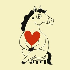 Vector illustration of horse with big red heart. Symbol of New year 2026 print design with animal, romantic greeting card template, funny home decoration poster