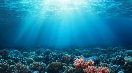 Fototapeta premium A serene underwater scene featuring vibrant coral reefs illuminated by sun rays filtering through the water's surface.