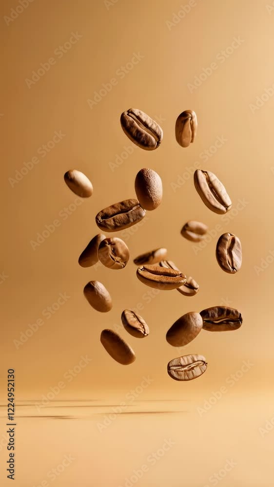 Poster multiple roasted coffee beans are levitating against a warm, inviting backdrop, creating a visually 