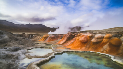 Naklejka premium Stunning Geothermal Landscape Colorful Pools Dramatic Mountains Scenic View Breathtaking Nature 