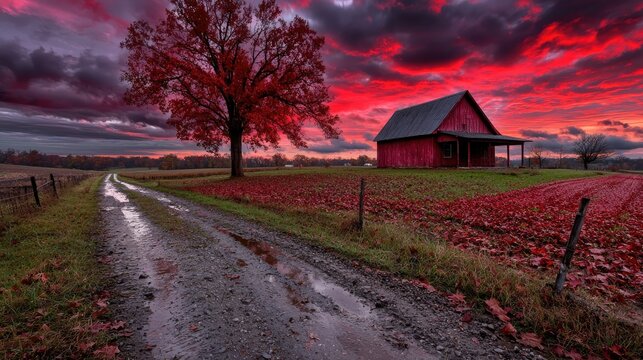 Autumn sunset over rural landscape with barn and tree