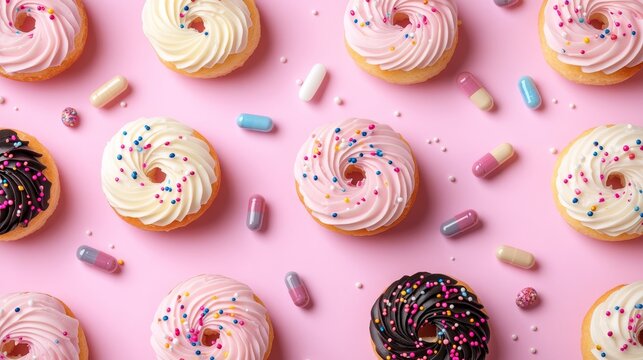Pink Party Colorful iced donuts and sprinkles on a pink background, flat lay junk food concept. - Powered by Adobe