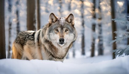 Obraz premium Majestic wolf standing in snowy forest during winter