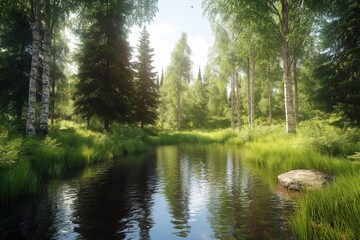 Fototapeta premium Calm forest pond surrounded by lush ferns and birch trees with dragonfly above rippling water at midday. Generative AI
