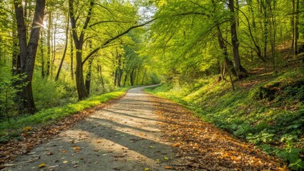 Naklejka premium Spring Forest Path: Sunlit Footpath with Fallen Leaves and Lush Green Trees