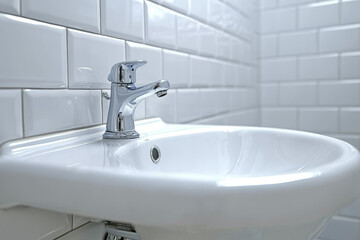 Clean white basin and chrome faucet against subway tiles.