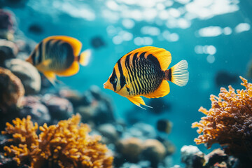Striped angelfish swim amidst vibrant coral reef.