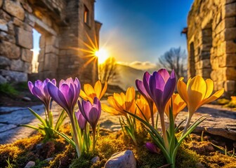 Spring Wild Crocus Blooming Near Ancient Stone Ruins, Architectural Photography