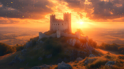 Obraz premium A highly detailed photography of an ancient stone castle perched on a hill, surrounded by rugged landscapes and golden sunlight breaking through stormy clouds.