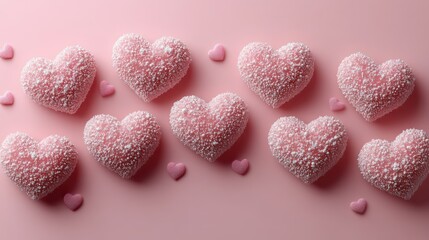 Obraz premium Heart-shaped pink candies covered in sugar sprinkles arranged on a pastel pink background