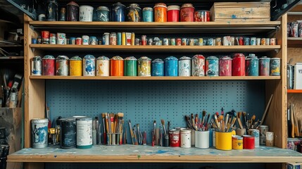 Artistic workshop activity creative studio craft supplies organized environment close-up view colorful creativity