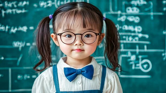 Young Asian girl studying in classroom. Child concentrating chalkboard. Kid learning mathematics. Student solves academic tasks. Educational setting encourages focus. Learning atmosphere inspires
