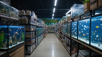 Aquarium fish exploration pet store visual tour indoor environment wide angle aquatic life display