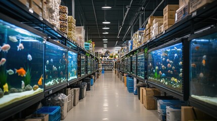 Fototapeta premium Aquarium fish display pet store retail space indoor environment wide view aquatic life enthusiast experience