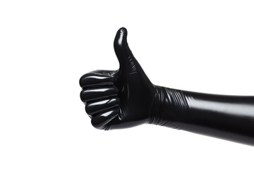 Hand in leather black glove showing thumb up ok sign isolated on transparent white background