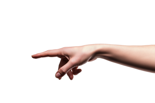 Hand of woman touching or pointing to something isolated on transparent white background