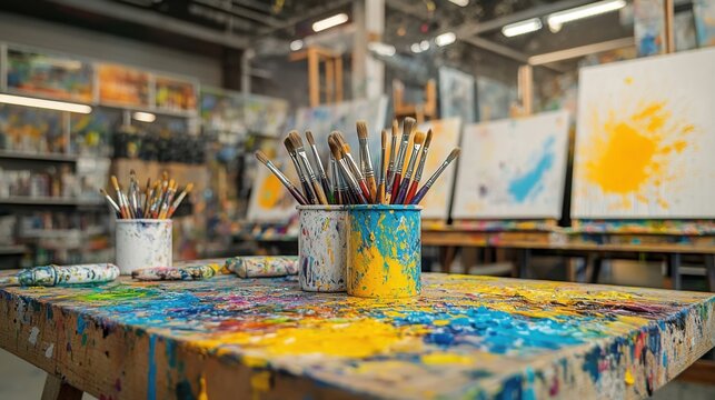 Creative painting session in art studio featuring colorful brushes and palette indoor close-up artistic inspiration