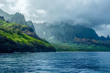 Majestic coastal landscape featuring lush green mountains under cloudy skies with ocean view