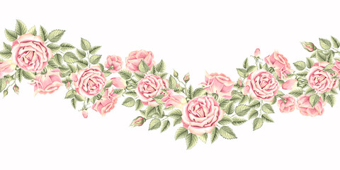 Flowers of roses with buds and leaves. Seamless border. Hand drawn watercolor illustration isolated. Summer frame. Floral horizontal banner from bouquets. Template for wallpaper, textile, embroidery.
