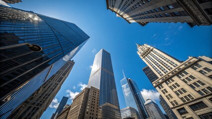Stunning Aerial View: Clear Blue Sky Over City Buildings
