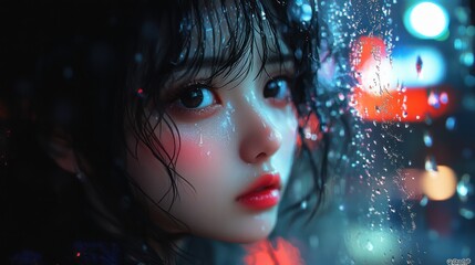 Rainy night portrait of a young woman with wet hair, looking intently.