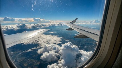 Stunning Aerial View from Airbus A380 Window: Clouds, Sky, and Wing