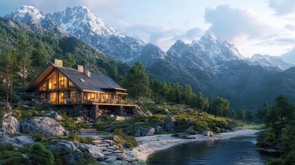 Fototapeta premium A serene mountain landscape featuring a cozy cabin beside a clear river, surrounded by lush greenery and towering snow-capped peaks.