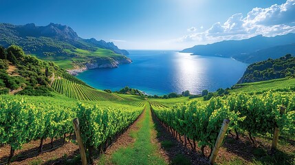 Fototapeta premium The Mediterranean is a breathtaking region defined by its rich history, crystal-clear waters, and diverse landscapes. Sun-drenched shores, picturesque coastlines, and rugged cliffs meet lush olive gro