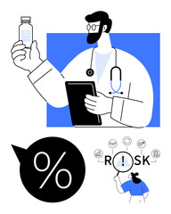 Doctor examines vaccine while holding a tablet. Additional elements include percentage symbol and risk assessment icons. Ideal for healthcare, vaccines, statistics, risk management, data analysis