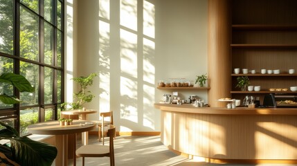 A bright and airy cafe interior with large windows, wooden furnishings, and natural light creating a warm, inviting atmosphere.