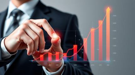 A digital illustration depicting business growth a futuristic graph with a glowing fingertip interacting with a touchscreen interface, showing reds, oranges, and yellows on a grey background