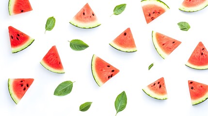 Refreshing watermelon slices and green leaves on white background.